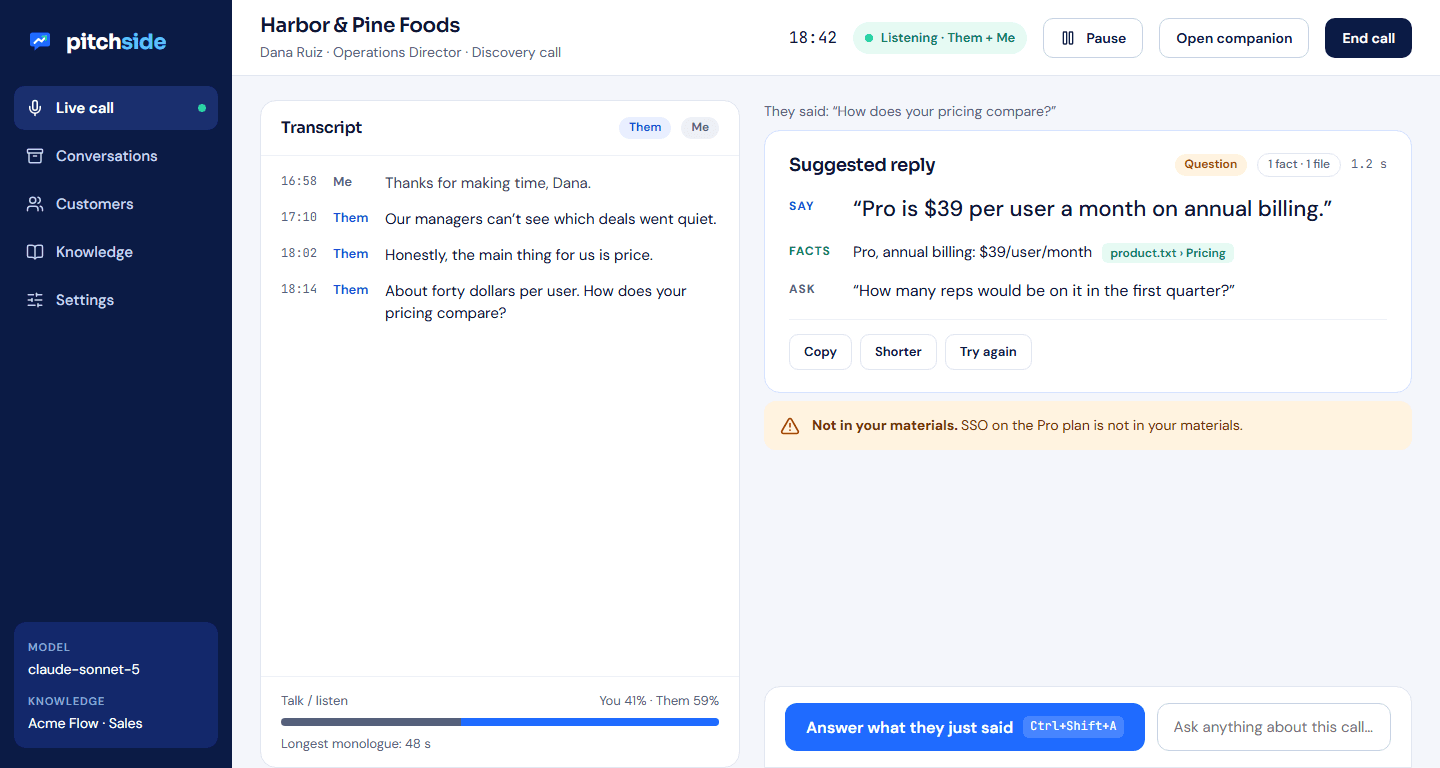 The pitchside live call screen: transcript on the left, a suggested reply with Say, Facts and Ask on the right